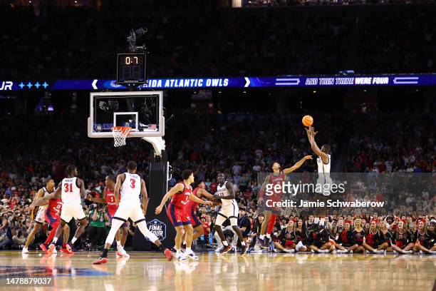 Lamont Butler of the San Diego State Aztecs shoots the ball to defeat the Florida Atlantic Owls during the NCAA Men’s Basketball Tournament Final...