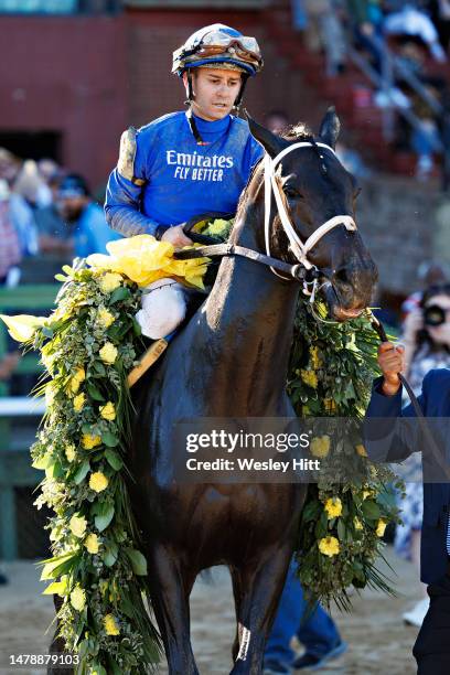 Jockey Flavien Prat on Wet Paint, heads to the winner circle as the winner of the 51st running of the Fantasy Stakes at Oaklawn Park on April 01,...