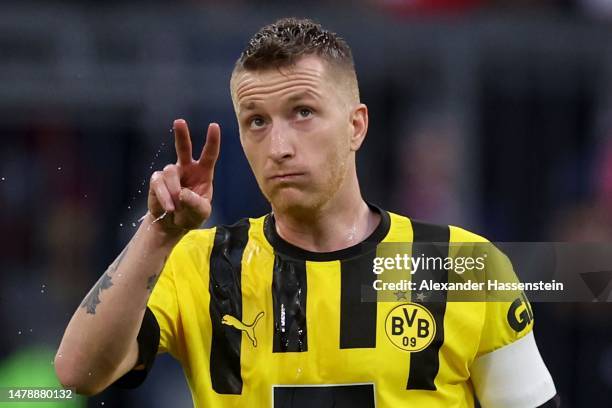 Marco Reus of Borussia Dortmund reacts during the Bundesliga match between FC Bayern München and Borussia Dortmund at Allianz Arena on April 01, 2023...