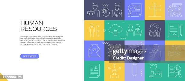 human resources web banner with linear icons, trendy linear style vector - career fair background stock illustrations