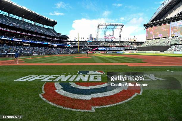 General view of the 2023 MLB Opening Week field logo before the game between the Cleveland Guardians and the Seattle Mariners at T-Mobile Park on...