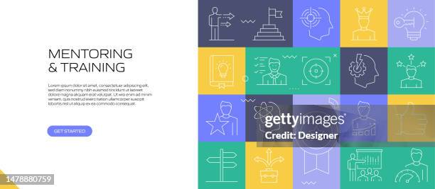 mentoring and training web banner with linear icons, trendy linear style vector - teaching assistant stock illustrations