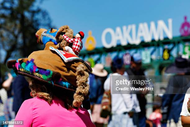 Fans with their hats at Oaklawn Park and Casino for the Arkansas Derby during the Racing Festival of the South on April 01, 2023 in Hot Springs,...