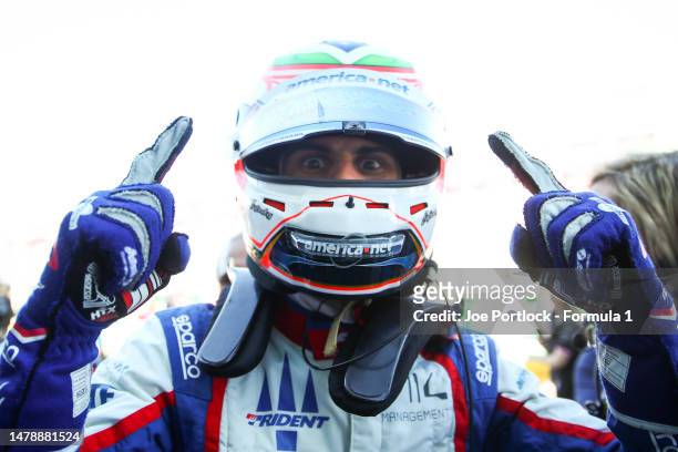Race winner Gabriel Bortoleto of Brazil and Trident celebrates in parc ferme during the Round 2:Melbourne Feature race of the Formula 3 Championship...