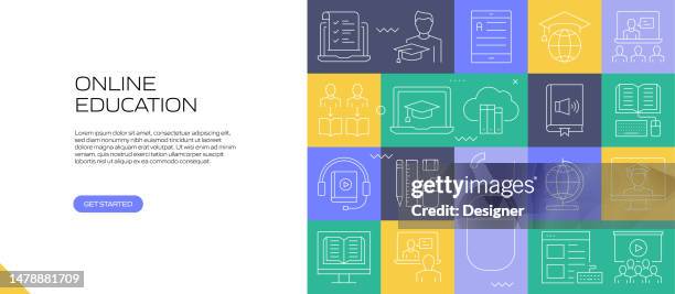 online education web banner with linear icons, trendy linear style vector - webinar background stock illustrations