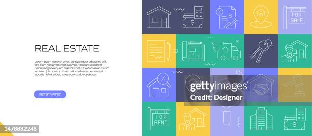 real estate web banner with linear icons, trendy linear style vector - cbd icon background stock illustrations