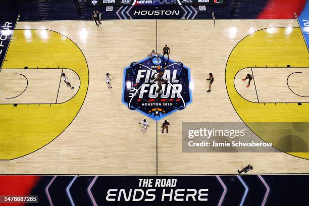 The opening tip off between the Miami Hurricanes and the Connecticut Huskies during the NCAA Men’s Basketball Tournament Final Four semifinal game at...
