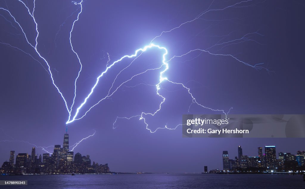 Lightning Strikes One World Trade Center in New York City