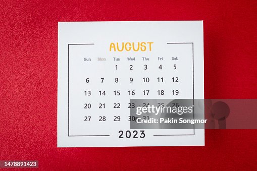 Calendar Desk 2023: August is the month for the organizer to plan and deadline with a red paper background.