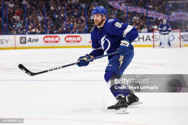Erik Cernak of the Tampa Bay Lightning against the New York Islanders during the first period at Amalie Arena on April 1, 2023 in Tampa, Florida.