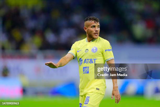 Jonathan Dos Santos of America gestures during the 13th round match between America and Leon as part of the Torneo Clausura 2023 Liga MX at Azteca...