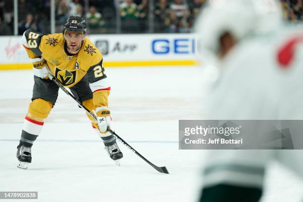 Alec Martinez of the Vegas Golden Knights skates during the first period against the Minnesota Wild at T-Mobile Arena on April 01, 2023 in Las Vegas,...