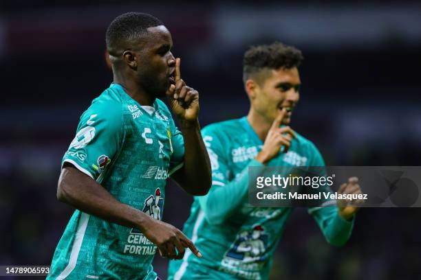 Joel Campbell of Leon celebrates after scoring the team's second goal during the 13th round match between America and Leon as part of the Torneo...