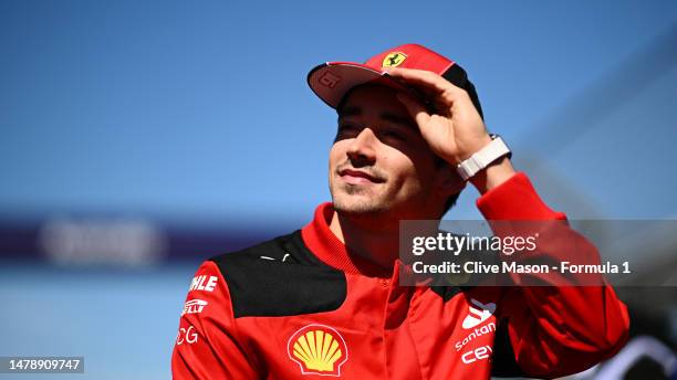 Charles Leclerc of Monaco and Ferrari looks on from the drivers parade prior to the F1 Grand Prix of Australia at Albert Park Grand Prix Circuit on...