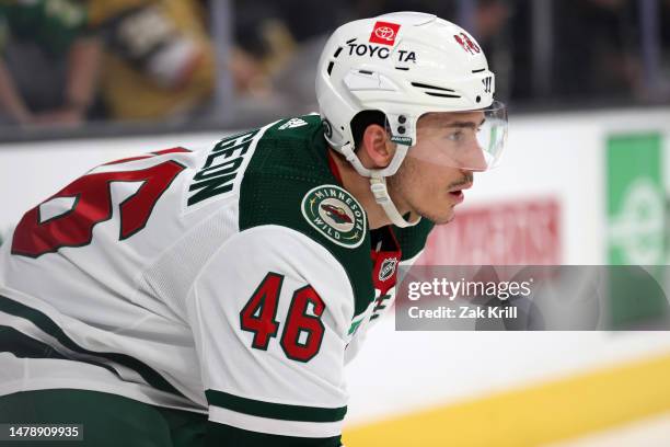 Jared Spurgeon of the Minnesota Wild skates during the second period against the Vegas Golden Knights at T-Mobile Arena on April 01, 2023 in Las...