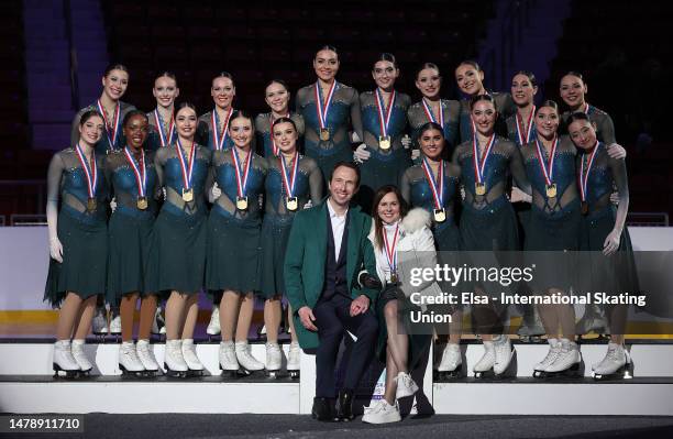 Team Les Supremes celebrates their gold medal win of the ISU World Synchronized Skating Championships at Herb Brooks Arena on April 01, 2023 in Lake...