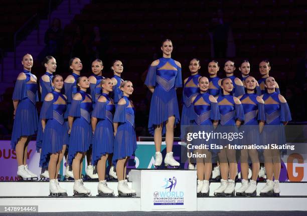 Team Unique of Finland stand on the bronze medal podium after the ISU World Synchronized Skating Championships at Herb Brooks Arena on April 01, 2023...