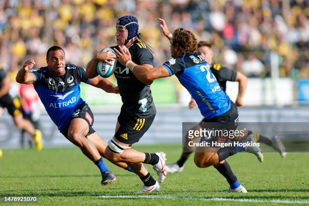 Brayden Iose of the Hurricanes breaks away for a try during the round six Super Rugby Pacific match between Hurricanes and Western Force at Central...