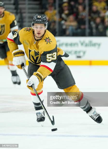 Teddy Blueger of the Vegas Golden Knights skates during the third period against the Minnesota Wild at T-Mobile Arena on April 01, 2023 in Las Vegas,...