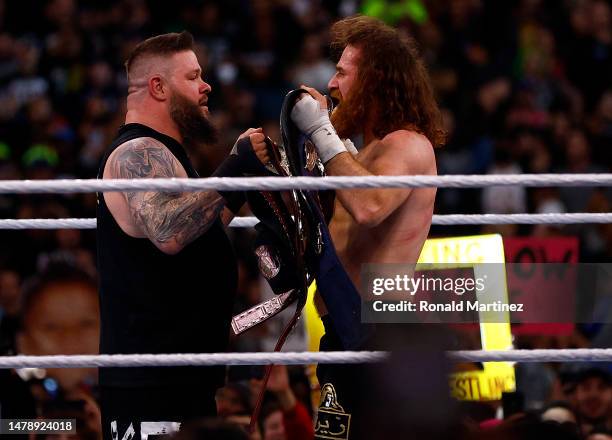 Kevin Owens and Sami Zayn after defeating The Usos for the Undisputed WWE tag team championship during WrestleMania Goes Hollywood at SoFi Stadium on...