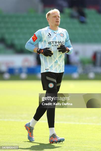 Thomas Glover of City warms up during the round 22 A-League Men's match between Melbourne City and Newcastle Jets at AAMI Park, on April 02 in...