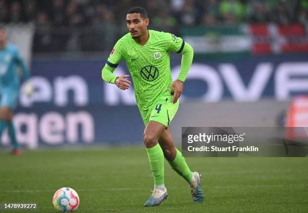 Maxence Lacroix of Wolfsburg in action during the Bundesliga match between VfL Wolfsburg and FC Augsburg at Volkswagen Arena on April 01, 2023 in...