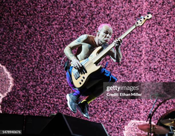 Bassist Flea of Red Hot Chili Peppers performs at Allegiant Stadium on April 01, 2023 in Las Vegas, Nevada.