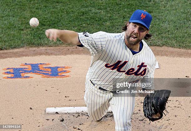 Dickey of the New York Mets pitches in the first inning against the Philadelphia Phillies at Citi Field on July 5, 2012 in the Flushing neighborhood...