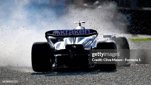 Alexander Albon of Thailand driving the Williams FW45 Mercedes runs through a gravel trap before crashing during the F1 Grand Prix of Australia at...