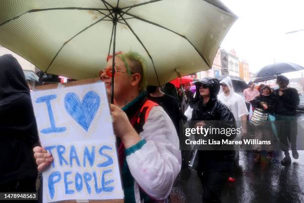 Activists and advocates participate in a Trans Day of Visibility Rally along King Street in Newtown on April 02, 2023 in Sydney, Australia. A spate...