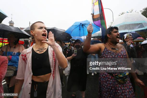 Activists and advocates participate in a Trans Day of Visibility Rally along King Street in Newtown on April 02, 2023 in Sydney, Australia. A spate...