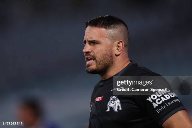 Josh Reynolds of the Bulldogs warms up during the round five NRL match between Canterbury Bulldogs and North Queensland Cowboys at Accor Stadium on...