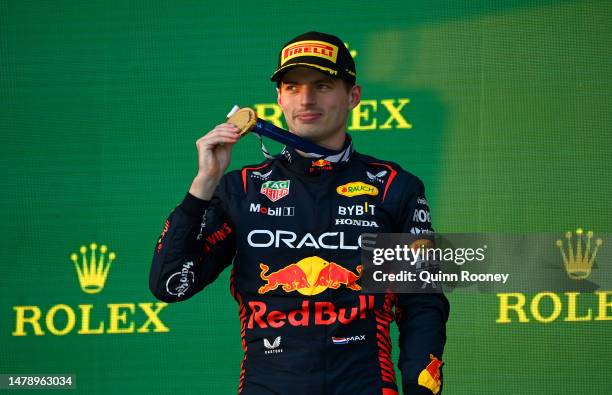 Race winner Max Verstappen of the Netherlands and Oracle Red Bull Racing celebrates on the podium during the F1 Grand Prix of Australia at Albert...