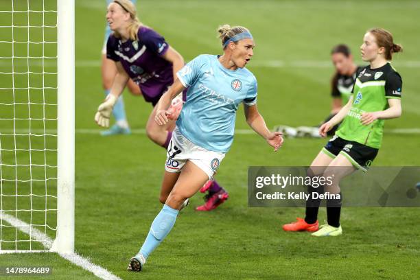 Hannah Wilkinson of Melbourne City celebrates scoring a goal during the round 20 A-League Women's match between Melbourne City and Canberra United at...