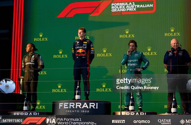 Race winner Max Verstappen of the Netherlands and Oracle Red Bull Racing , Second placed Lewis Hamilton of Great Britain and Mercedes , Third placed...