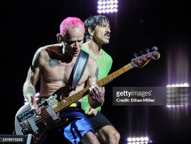 Bassist Flea and singer Anthony Kiedis of Red Hot Chili Peppers perform at Allegiant Stadium on April 01, 2023 in Las Vegas, Nevada.
