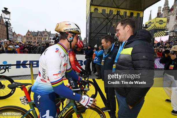 Peter Sagan of Slovakia and Team TotalEnergies, David Lappartient ‎of France President of the Union Cycliste Internationale UCI and Michael Rogers of...