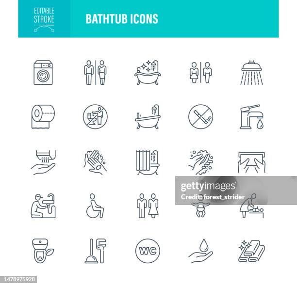 bathtub icons editable stroke. contains such icons as bathroom, toilet, public, bubble, sauna - blow drying hair stock illustrations