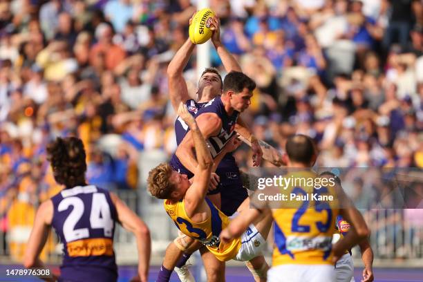 Sean Darcy of the Dockers marks the ball as Alex Witherden of the Eagles collides with Jaeger O'Meara during the round three AFL match between...