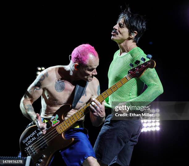 Bassist Flea and singer Anthony Kiedis of Red Hot Chili Peppers perform at Allegiant Stadium on April 01, 2023 in Las Vegas, Nevada.