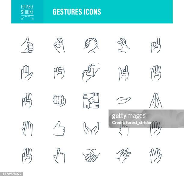 ilustraciones, imágenes clip art, dibujos animados e iconos de stock de gestos de la mano iconos trazo editable - mano