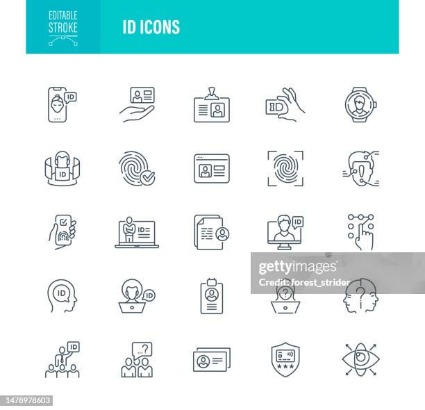 id icons editable stroke. contains such icons as personal access, security system, id, digital authentication, data protection, fingerprint scanner - verification stock illustrations