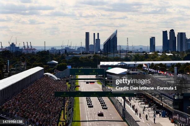 The drivers form on the grid for the start of the F1 Grand Prix of Australia at Albert Park Grand Prix Circuit on April 02, 2023 in Melbourne,...