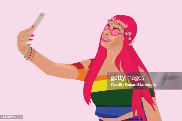 ilustraciones, imágenes clip art, dibujos animados e iconos de stock de tomarse una selfie con pride - bi annual