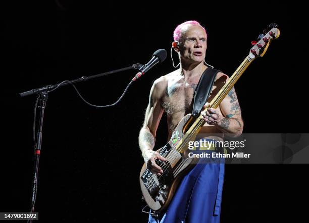 Bassist Flea of Red Hot Chili Peppers performs at Allegiant Stadium on April 01, 2023 in Las Vegas, Nevada.