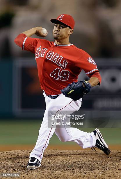 Closing pitcher Ernesto Frieri of the Los Angeles Angels of Anaheim pitches against the Baltimore Orioles in the ninth inning at Angel Stadium of...
