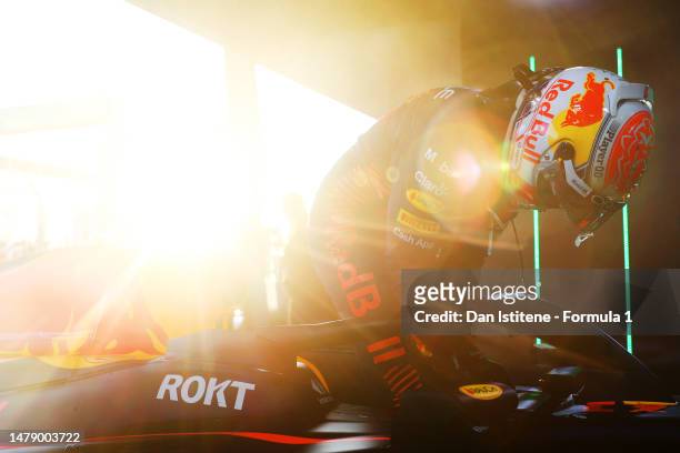 Race winner Max Verstappen of the Netherlands and Oracle Red Bull Racing celebrates in parc ferme during the F1 Grand Prix of Australia at Albert...