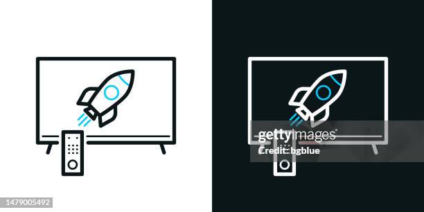 tv with rocket. bicolor line icon on black or white background - editable stroke - watching rocket launch stock illustrations