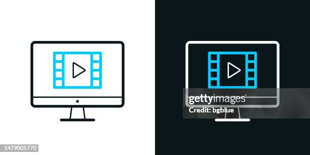 watch video on desktop computer. bicolor line icon on black or white background - editable stroke - white play button stock illustrations