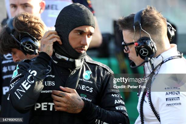 Lewis Hamilton of Great Britain and Mercedes looks on during the F1 Grand Prix of Australia at Albert Park Grand Prix Circuit on April 02, 2023 in...